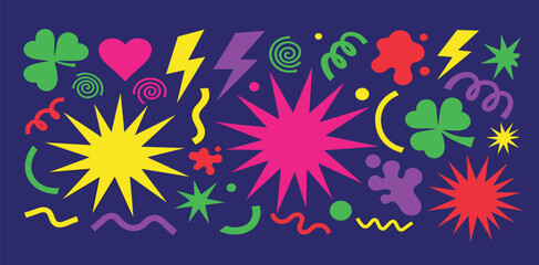 Bright Colorful Abstract Shapes and Symbols on a Deep Blue Background, Party and Celebration Elements