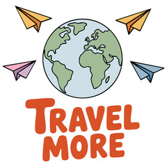 Cartoon earth with travel more text isolated vector illustration on white background