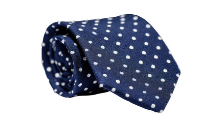 Rolled navy blue tie with white polka dots