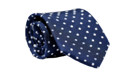 Rolled navy blue tie with white polka dots