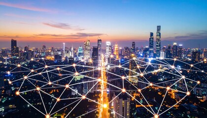 Futuristic smart city at night with glowing data connections visualizing IoT and digital infrastructure.