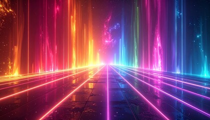 Abstract image of vibrant, colorful neon lights illuminating a dark surface, creating a futuristic and dynamic scene.