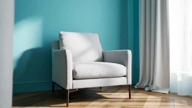 Modern Armchair in Bright Room - A light grey armchair is situated in a bright room with blue walls and a wooden floor.