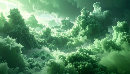 A surreal landscape featuring swirling, vibrant green clouds and atmospheric effects.