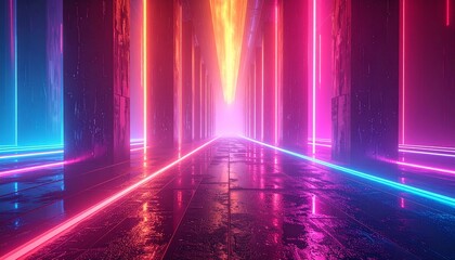 Abstract corridor with neon lights, creating a futuristic and vibrant tunnel effect.