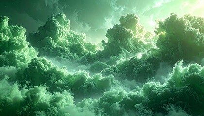 Lush, verdant clouds fill the frame, illuminated by soft, ethereal light.