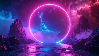 A vibrant neon circle illuminates a surreal landscape with mountains and reflective water.