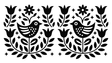 Two symmetrical birds with flowers and stars in a black and white folk art illustration style design on transparent background silhouette