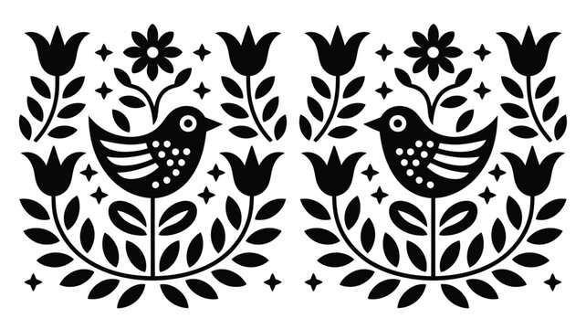 Two symmetrical birds with flowers and stars in a black and white folk art illustration style design on transparent background silhouette