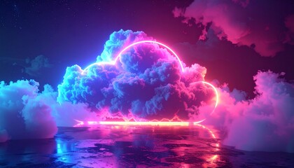 Vivid neon-lit clouds reflect on a mirrored surface, creating a surreal atmosphere.