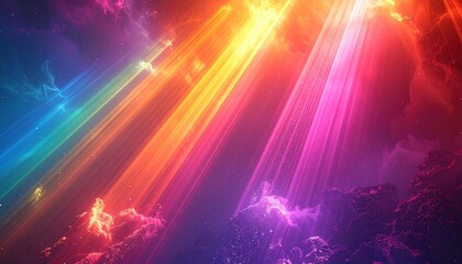 Colorful light beams shining down through clouds, creating a vibrant and ethereal atmosphere.