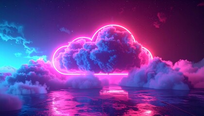 A neon pink cloud outline hovers above purple and blue clouds reflected in a water surface.