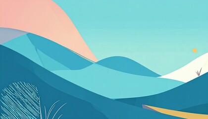 Abstract landscape illustration featuring rolling blue hills, a peach sky, and a winding yellow path.