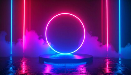 Futuristic product display podium with a glowing neon circle portal and vertical lights surrounded by smoke on a reflective floor
