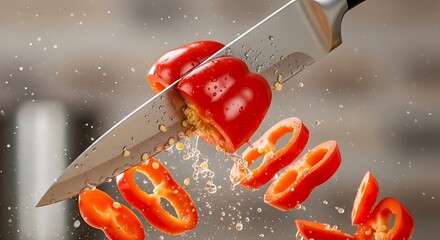 Close up action shot of a sharp kitchen knife slicing through vibrant red bell pepper with pieces flying in mid air against a blurred background creating a dynamic culinary scene