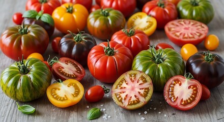 A vibrant assortment of heirloom tomatoes in various colors and sizes some whole and some sliced artfully arranged on a rustic wooden surface