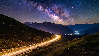 Night landscape featuring a road with light trails leading towards a town under a starry Milky Way sky and mountains.