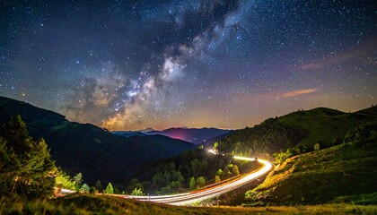 A long exposure captures car light trails on a winding road through mountains under a vibrant Milky Way.