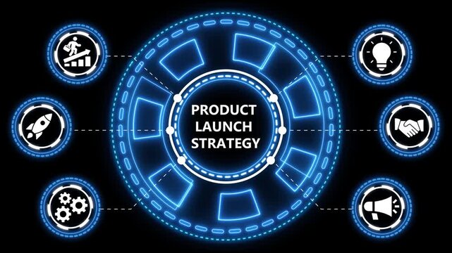 Animated product launch strategy icon display on black background for business concepts