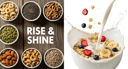 Healthy breakfast collage featuring bowls of nuts seeds grains and a splash of milk pouring over cereal fruit and berries