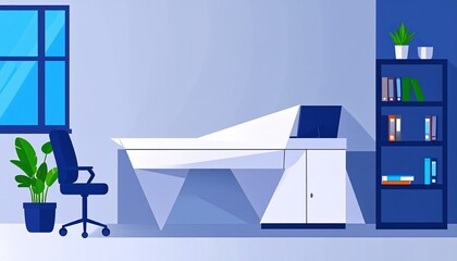 Illustration of a modern office space with a desk, chair, laptop, bookshelf, potted plant, and window, rendered in shades of blue and white.