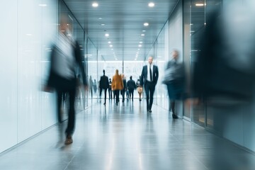 Motion blur image of people walking through a modern office hallway. The scene conveys a sense of corporate life, teamwork, and productivity in a fast-paced environment.