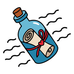 ocean bottle message romantic doodle isolated vector illustration on white background