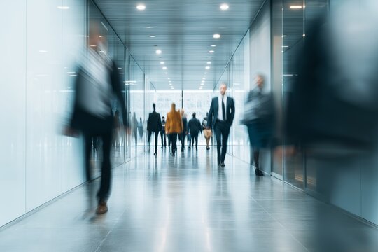 Motion blur image of people walking through a modern office hallway. The scene conveys a sense of corporate life, teamwork, and productivity in a fast-paced environment. - Powered by Adobe