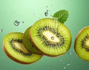 Sliced kiwi fruit with droplets of water and a green leaf. The background is a soft green gradient