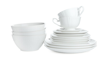 Set of ceramic dishware isolated on white