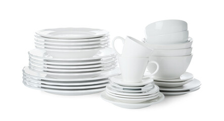 Set of ceramic dishware isolated on white