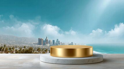Golden round podium with marble base on rooftop with city skyline and ocean under blue sky with clouds and sunlight