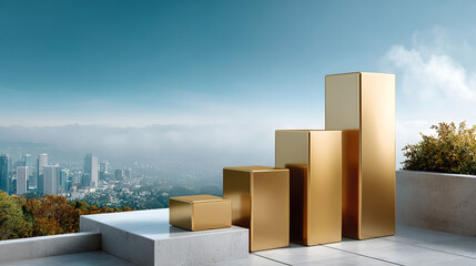 Golden bar chart on rooftop with city skyline and blue sky, symbolizing business growth and success in modern urban environment