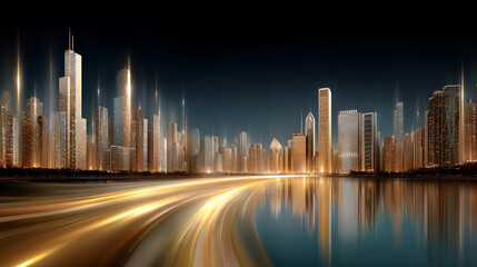 Futuristic city skyline with glowing skyscrapers and light trails reflecting on water, creating dynamic and vibrant urban night scene