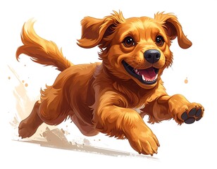 Energetic illustration of a playful, golden-brown puppy mid-leap, happy and smiling