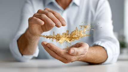 Golden city skyline model floating between hands of man in white shirt, creative business concept with bright energy and innovation