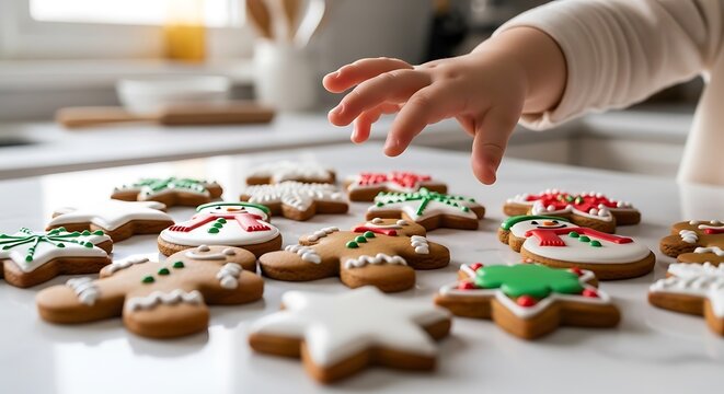 Close up of a toddler s hand reaching for a variety of decorated christmas gingerbread cookies on a white kitchen counter