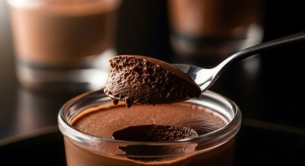 Close up of a spoonful of rich dark chocolate mousse being lifted from a glass dessert cup revealing a smooth creamy texture and decadent flavor
