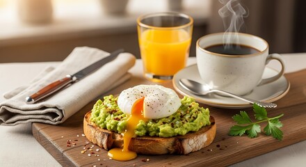 Delicious and healthy breakfast featuring avocado toast topped with a perfectly poached egg and a steaming cup of coffee and fresh orange juice
