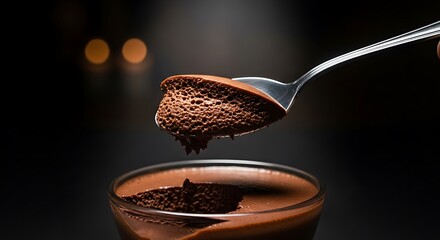 Close up of a spoonful of rich dark chocolate mousse being lifted from a glass with blurred warm bokeh lights in the background creating a cozy atmosphere