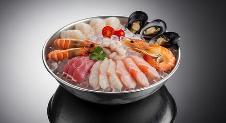 A beautifully arranged platter of fresh seafood including shrimp scallops mussels and raw fish served over ice in a metal bowl