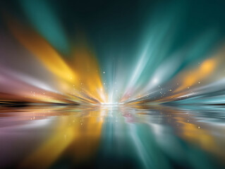 Radiant colorful light beams reflecting on water surface create vibrant and dynamic abstract background with glowing particles and motion blur