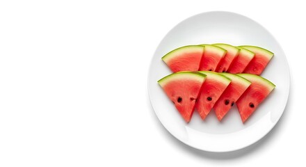 Freshly sliced watermelon wedges arranged neatly on a white oval plate against a clean white background