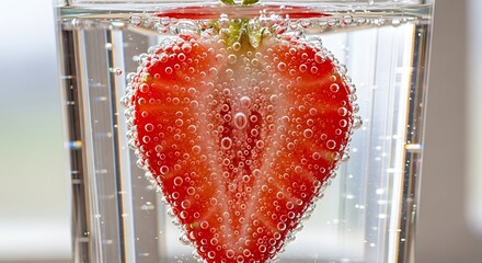 Close up of a fresh strawberry half submerged in a clear glass of sparkling water with many tiny bubbles rising around it