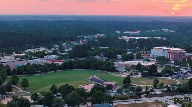 Aerial sunset landscape from Evans Town Center Park summer sunset in CSRA Augusta Georgia