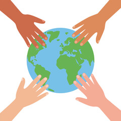 global unity diverse hands holding earth isolated vector illustration on white background