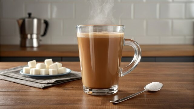 Steaming hot coffee latte served in a clear glass mug with sugar cubes and milk - Powered by Adobe