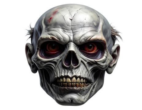 Creepy ghoul mask featuring deep hollow eye sockets, wrinkled gray skin texture, and realistic shadows. Studio-lit, cleanly cut out on transparent background