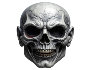 Creepy ghoul mask featuring deep hollow eye sockets, wrinkled gray skin texture, and realistic shadows. Studio-lit, cleanly cut out on transparent background