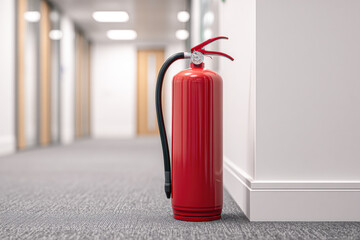 A red fire extinguisher stands in a corridor, emphasizing safety in a modern office environment.
